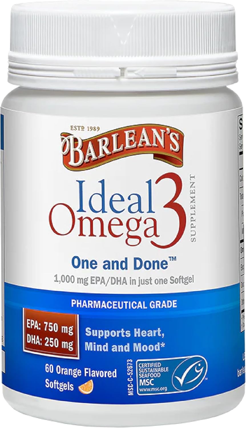 Barlean's Ideal Omega 3 Fish Oil Supplement, 1,000 mg Softgels, Pharmaceutical Grade EPA & DHA for Brain, Joint, & Heart Health, Orange Flavor, 60 ct