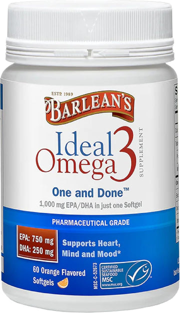 Barlean's Ideal Omega 3 Fish Oil Supplement, 1,000 mg Softgels, Pharmaceutical Grade EPA & DHA for Brain, Joint, & Heart Health, Orange Flavor, 60 ct