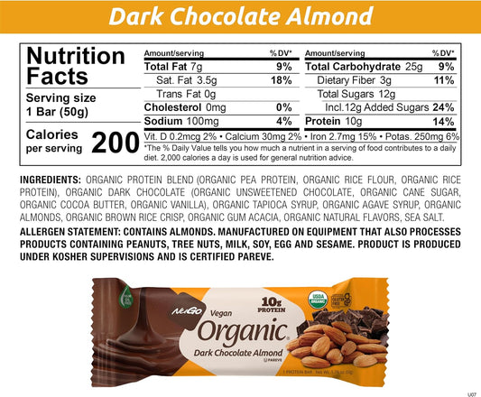 Nugo Organic Dark Chocolate Almond, 10G Vegan Protein, Gluten Free, 12 Count