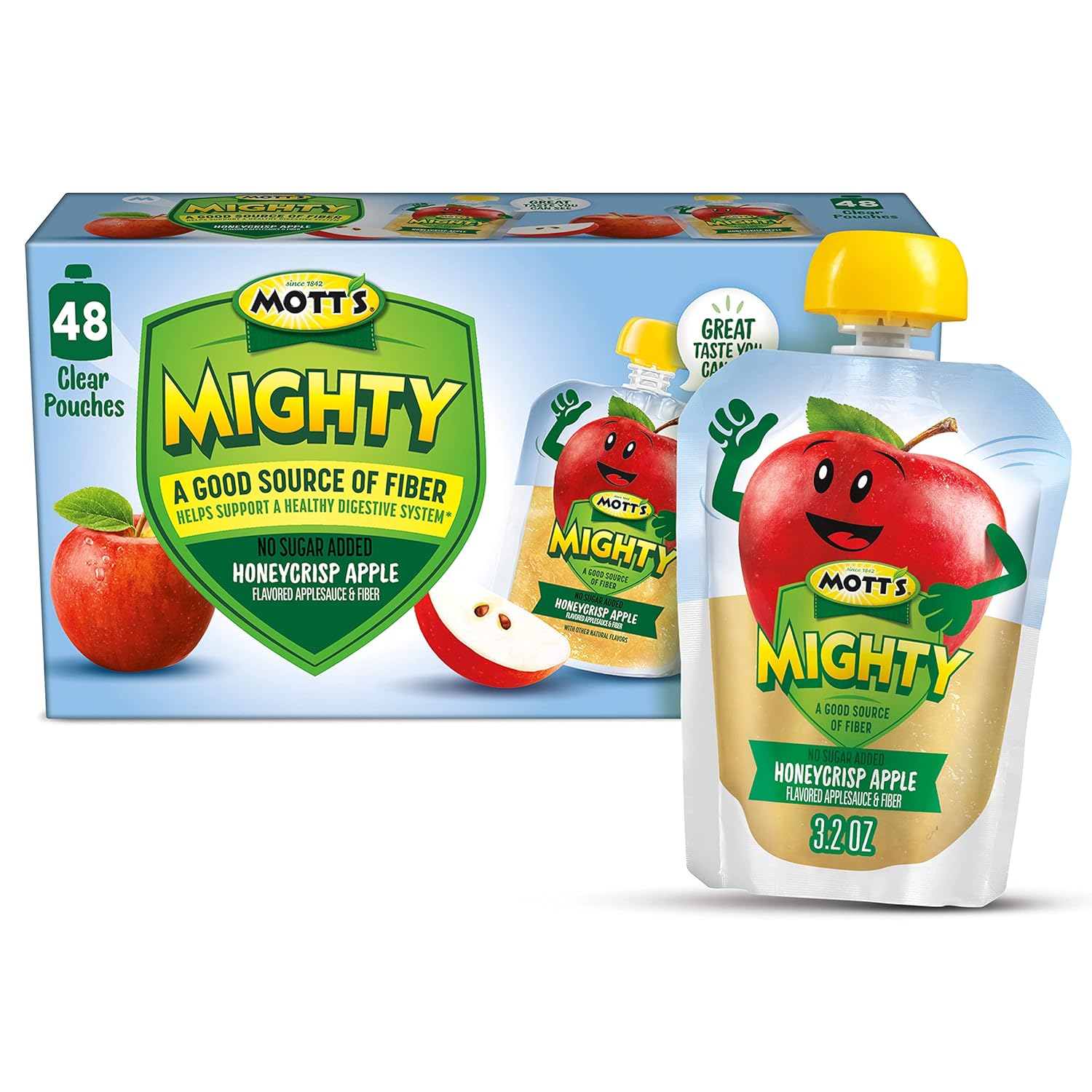 Mott'S Mighty Honeycrisp Apple Applesauce, 3.2 Oz Clear Pouches, 48 Count (4 Packs Of 12), No Sugar Added, Good Source Of Fiber, Supports A Healthy Digestive System, Gluten-Free, Kosher