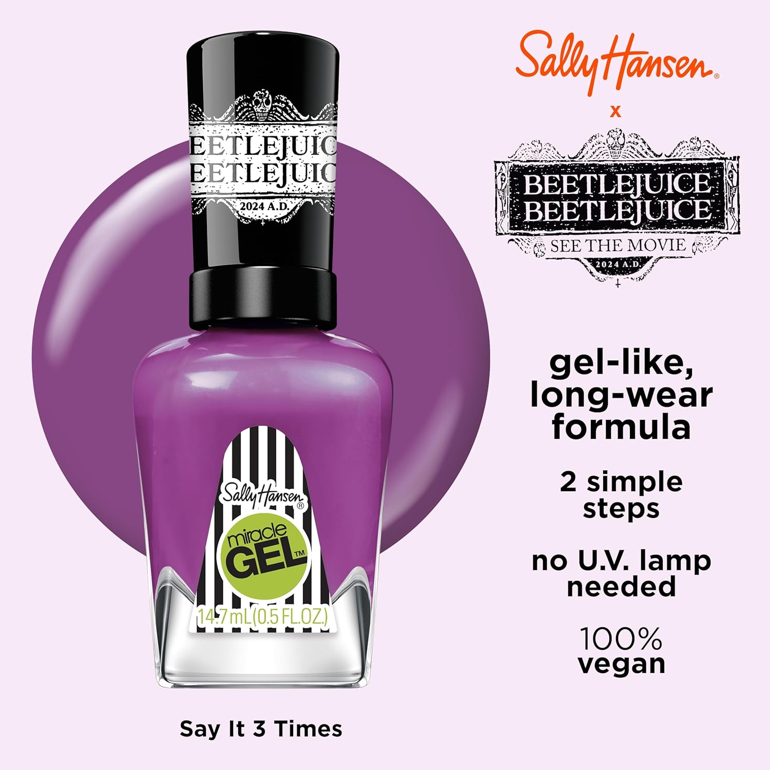 Sally Hansen Miracle Gel™, Beetlejuice Say it 3 Times?, Long Lasting, Gel-Like Formula, No UV Lamp Needed, Purple Nail Polish