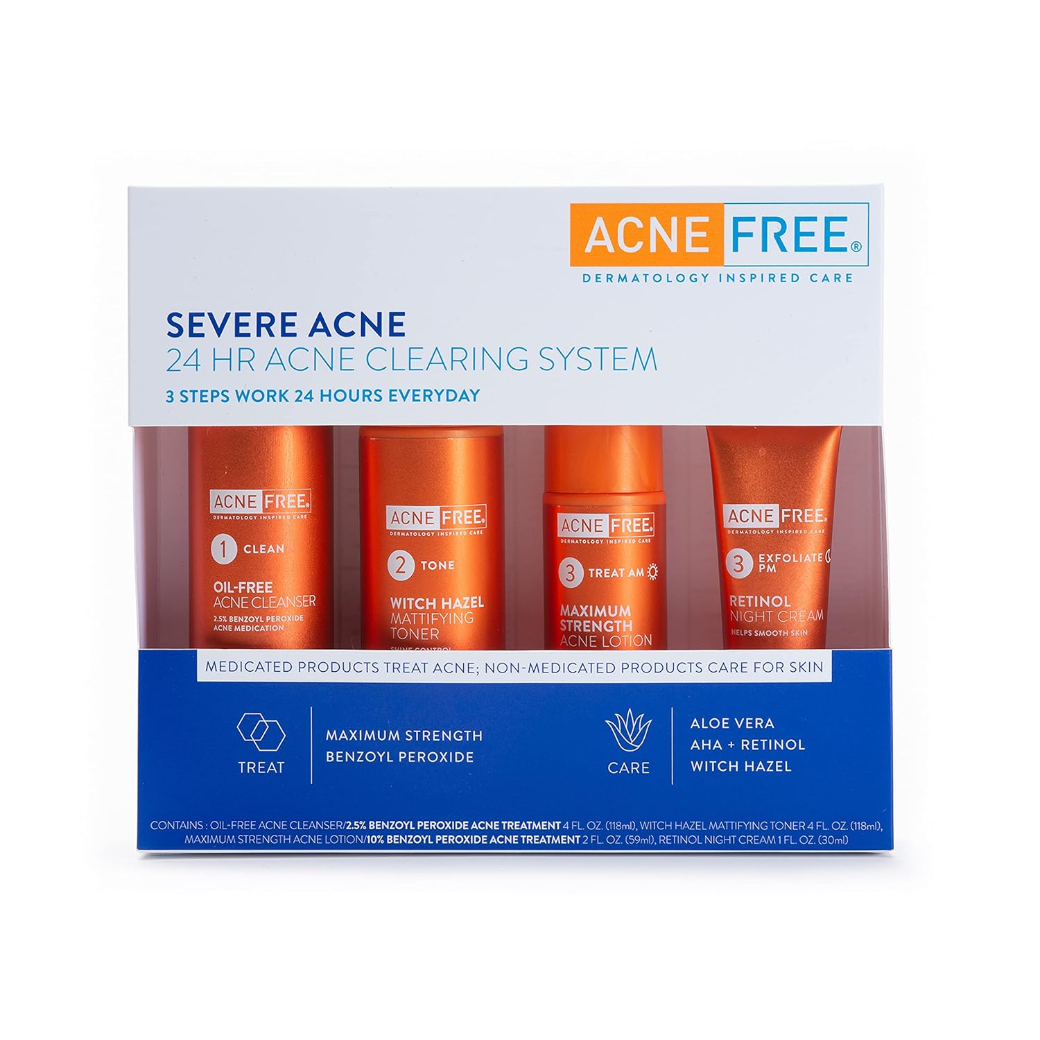 Acnefree Severe Acne 24 Hour Clearing System For Stubborn Acne, 4 Step Routine Kit