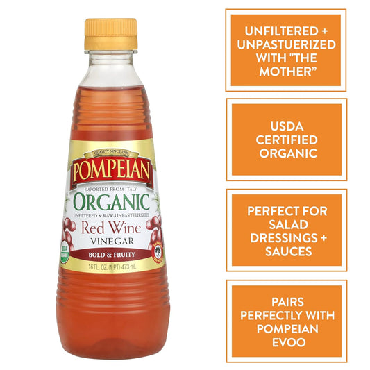 Pompeian Gourmet Organic Red Wine Vinegar, Unfiltered & Unpasteurized, Perfect For Marinades, Salad Dressings & Sauces, 16 Fl. Oz