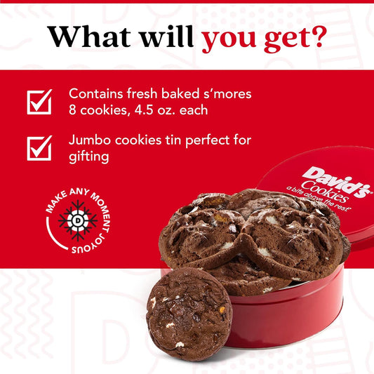 David'S Cookies Fresh Baked Decadent Jumbo Smores Cookies Gift Basket Tin - Flavorful Gourmet Cookies - Ideal Food Gift For Corporate, Birthday, Fathers And Mothers Day, Get Well And Other Special Occasions - 2 Lb (8 Pcs)