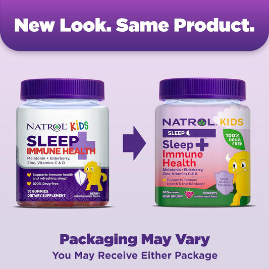 Natrol Kids Sleep+ Immune Health Gummies With Melatonin, Zinc, Vitamin C And D, Elderberry, 50 Raspberry Flavored Melatonin And Immune Health Gummies, 50 Day Supply