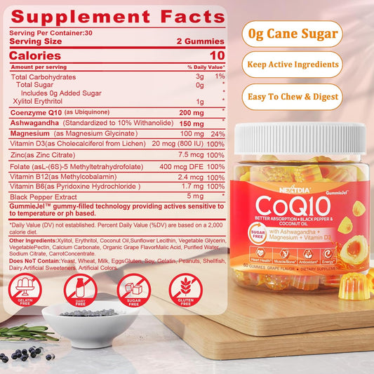 Sugar-Free CoQ10 200mg 100mg Filled Gummies with Magnesium, Ashwagandha,Vitamin D3, B12, B6, B9,Ultra Absorption Coenzyme Q10 (Ubiquinone),For He-art,Muscle & Bone Strong,Cellular Energy,Relax & Mood