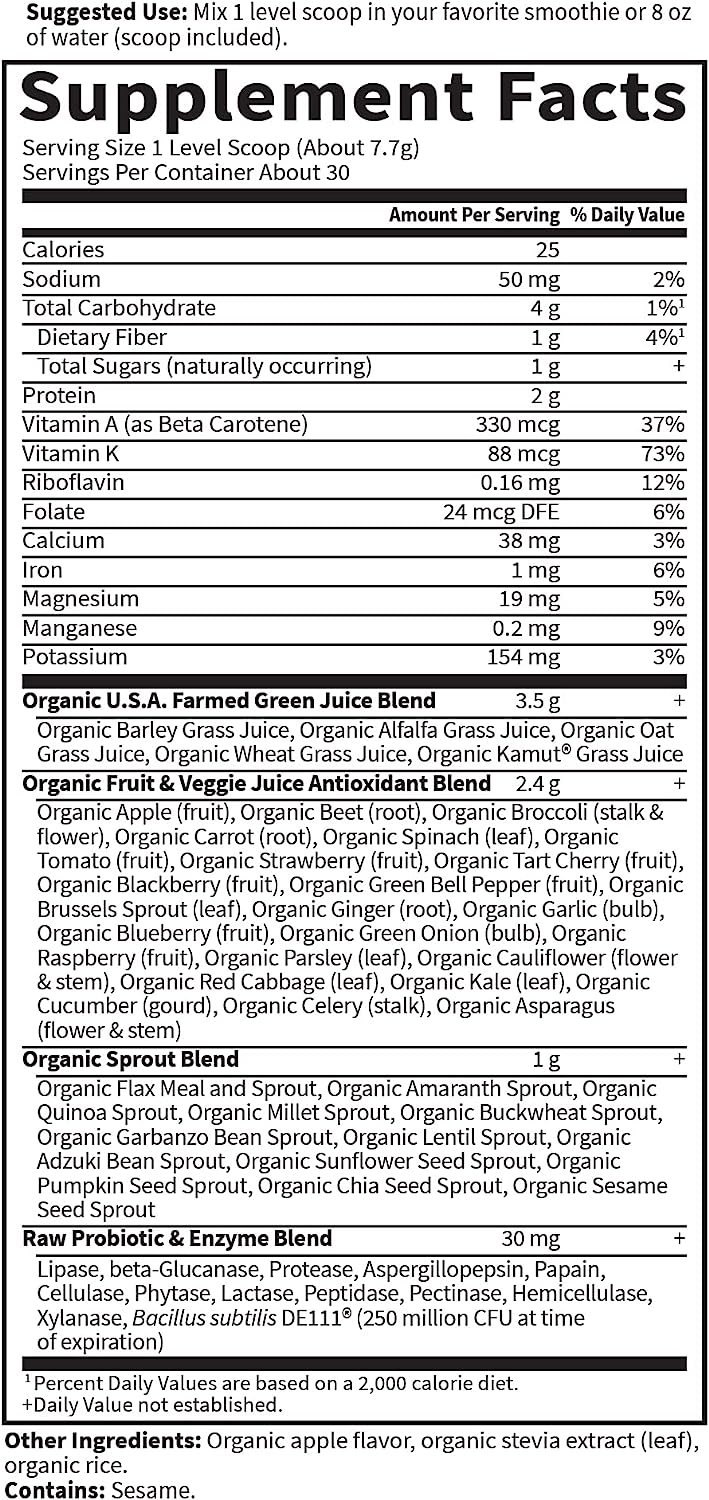 Garden of Life Raw Organic Perfect Food Green Superfood Juiced Greens Powder - Apple Flavor, 30 Servings - Vegan Gluten Free Whole Food Dietary Supplement, Greens Plus Probiotics & Enzymes : Everything Else