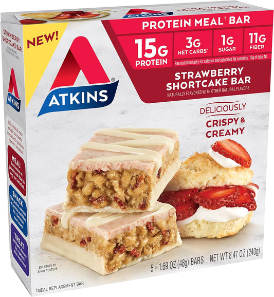 Atkins Strawberry Shortcake Protein Meal Bar, High Fiber, 1g Sugar, 3g Net Carb Meal Replacement, Keto Friendly, pack of 6