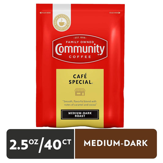 Community Coffee Café Special Pre-Measured Coffee Packs, Medium Dark Roast, 2.5 Ounce Bag (Box Of 40)
