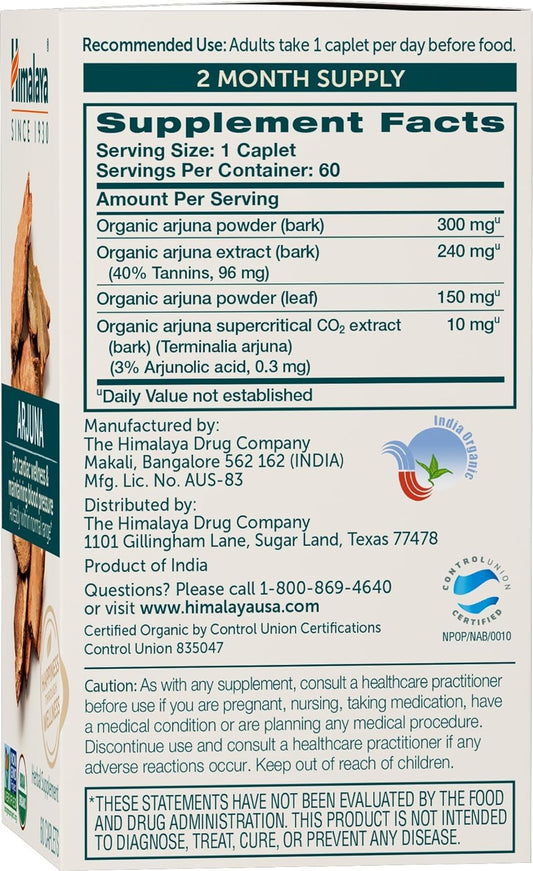 Himalaya Organic Arjuna Herbal Supplement, Cardiovascular Support, Blood Pressure Maintenance, Heart Health, Usda Certified Organic, Non-Gmo, Vegan, 700 Mg, 60 Plant-Based Caplets, 60 Day Supply