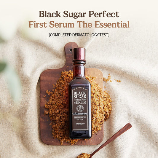 SKINFOOD Black Sugar Perfect First Essential Serum 4.06 oz (120ml) - Containing Fermented Black Sugar for Smooth & Pure Skin, First Step Skin Care Toner Serum - Pore Minimizer Serum - Pore Reducer