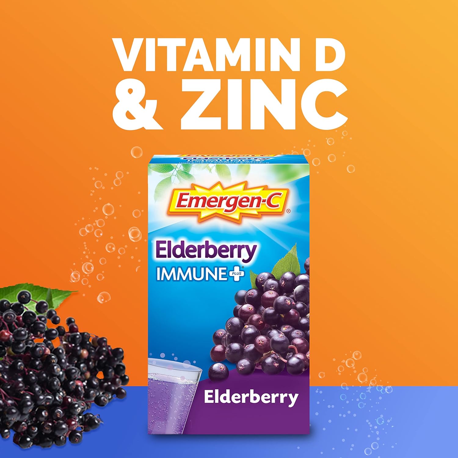 Emergen-C Immune+ Vitamin C 1000mg (18 Count, Elderberry) Dietary Supplement Fizzy Drink Mix Powder Packets : Health & Household