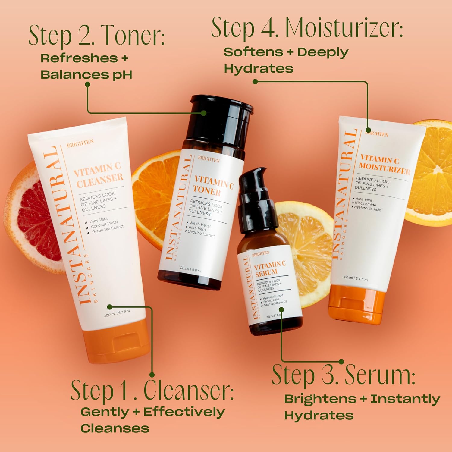 Instanatural Vitamin C Fan Favorites Cleanser And Moisturizer Kit, Brightens, Reduces The Look Of Fine Lines And Uneven Texture, With Aloe Vera And Botanical Extracts : Health & Household