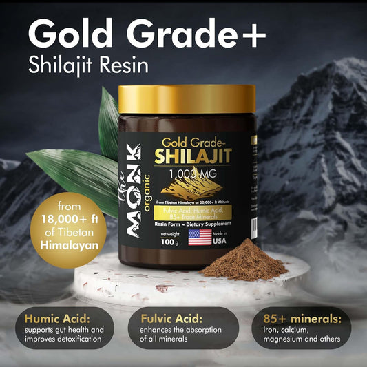 Organic Himalayan Shilajit Resin With Fulvic Acid, Humic Acid, 85+ Minerals- Gold Grade Plus - 100G, 1000 Mg Per Serving - Energy, Stamina, Brain Support - Made In The Usa