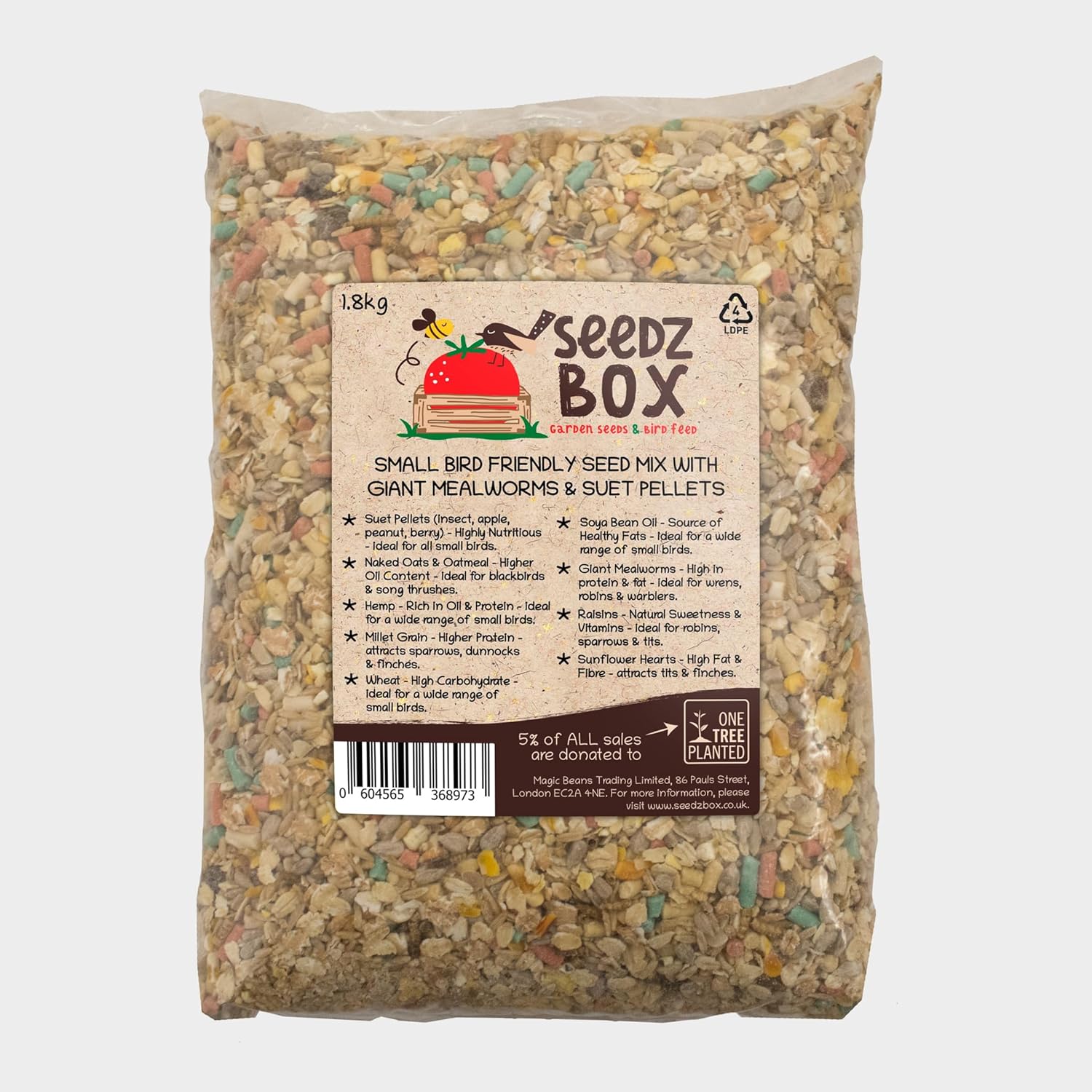 Wild Bird Food Seed Feed Mix with Suet Pellets For Small Garden Birds 1.8kg - SeedzBox - Deluxe Grains & Nuts - Natural Food for Wrens Robins & Finches