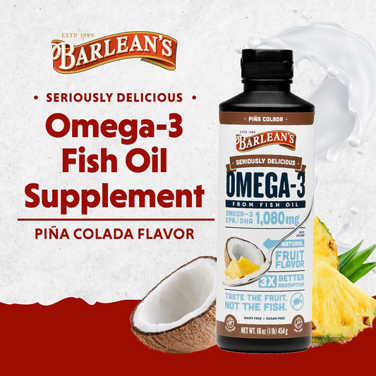 Barlean's Pina Colada Omega 3 Fish Oil Liquid Supplement 1080mg of High Potency EPA & DHA Omegas, Smoothie Flavored & Burpless Omega 3 for Kids and Adults, 16 oz