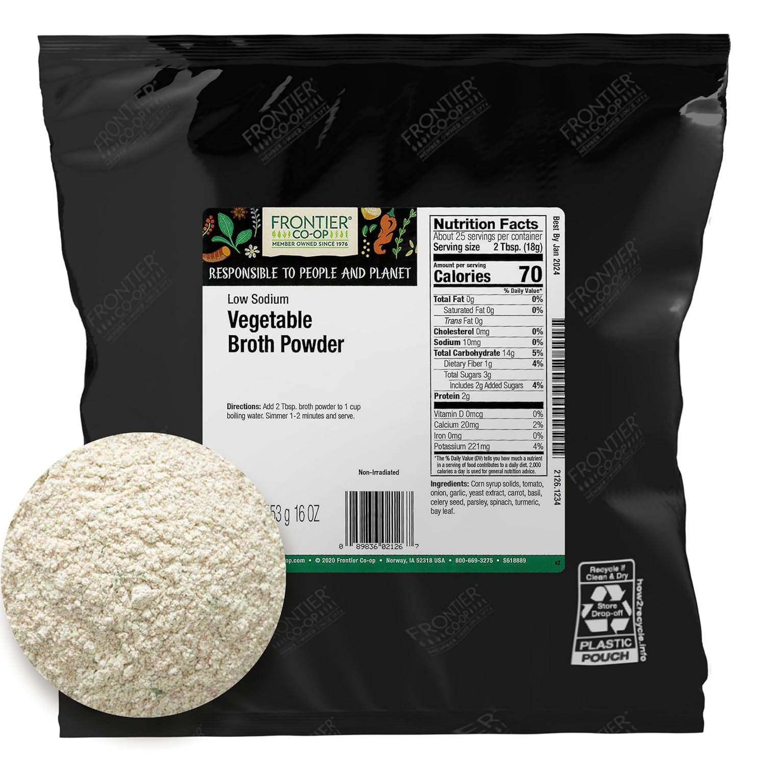 Frontier Co-Op Vegetable Flavored Broth Powder, 1-Pound Bulk, Low Sodium, Onion, Garlic, Carrot, Basil, Turmeric, Celery Seed