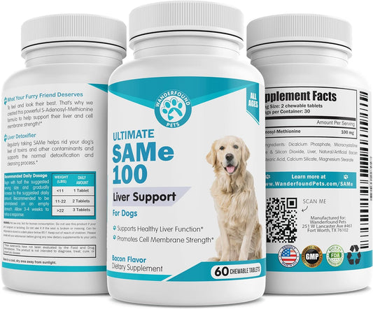 Same 100, Liver Support for Dogs, SAM e Chewable Hepatic Support for Dogs, Promotes Cell Membrane Strength, Bacon Flavor (60 Count)