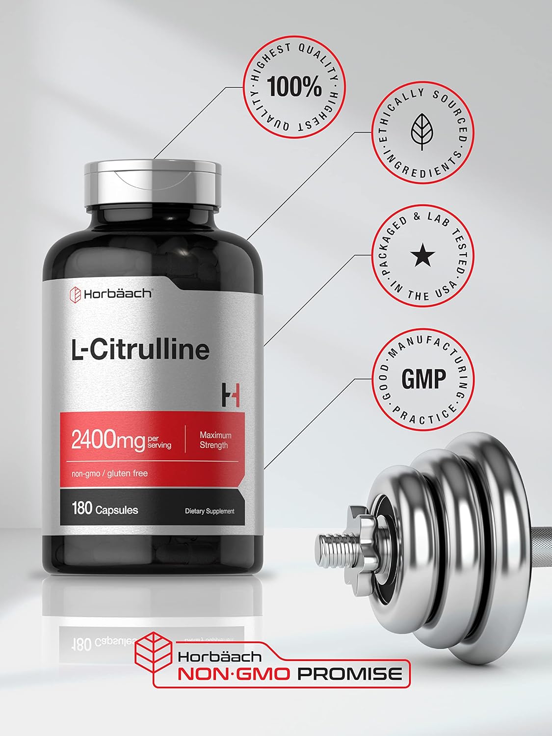 Horbäach L Citrulline Capsules 2400mg per Serving | 180 Count | Maximum Strength, Free Form Amino Acid | Non-GMO, Gluten Free L- Supplement