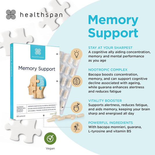 Healthspan Memory Support (60 Capsules) | Supports Your Concentration, Memory And Cognitive Health | Biotin And Zinc | Bacopa Monnieri Extract And Guarana For Alertness | Vegan