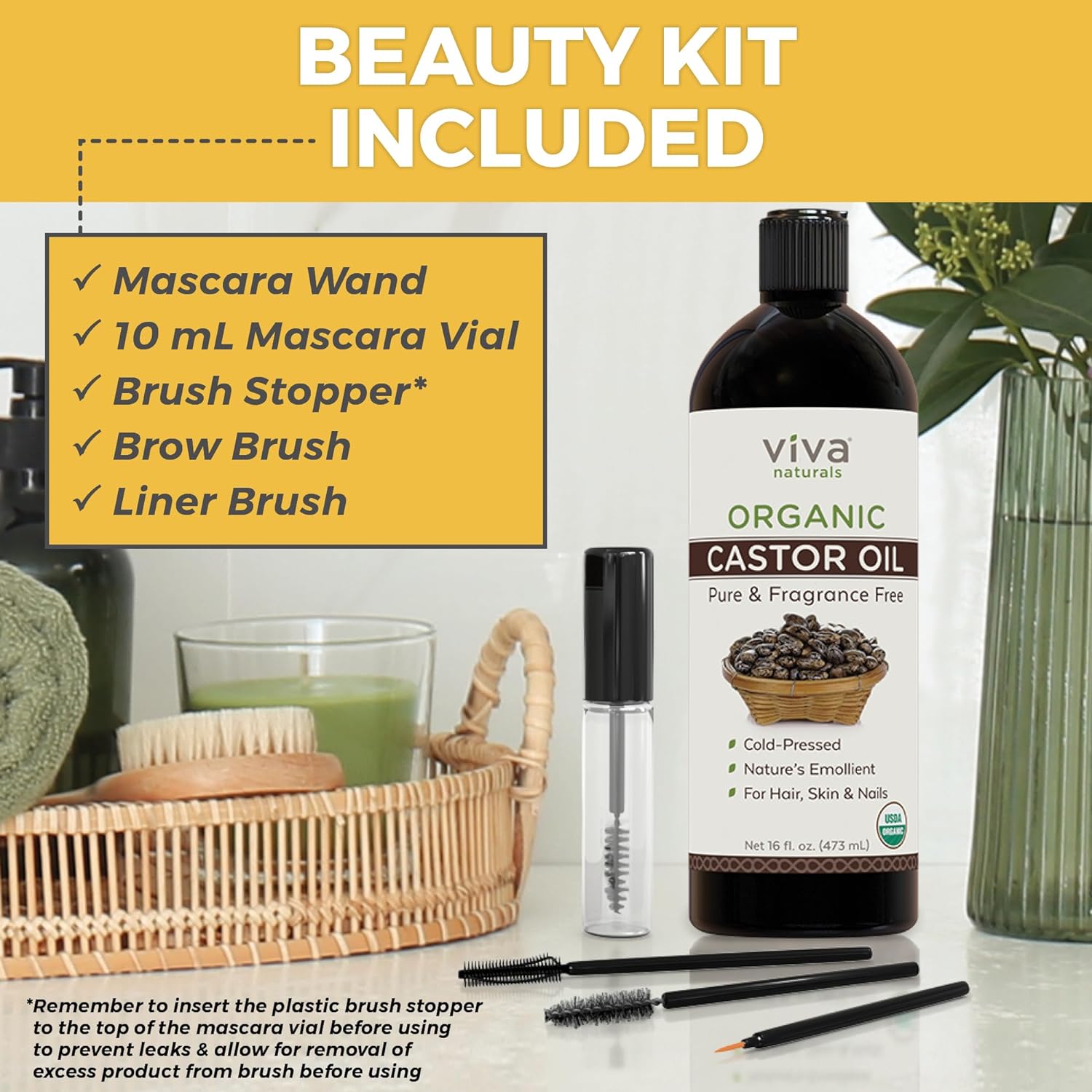 Viva Naturals Organic Castor Oil, 16 fl oz - Cold Pressed Castor Oil for Skin, Hair and Lashes - Traditionally Used to Support Hair Growth - Certified Organic & Non-GMO - Includes Beauty Kit : Beauty & Personal Care