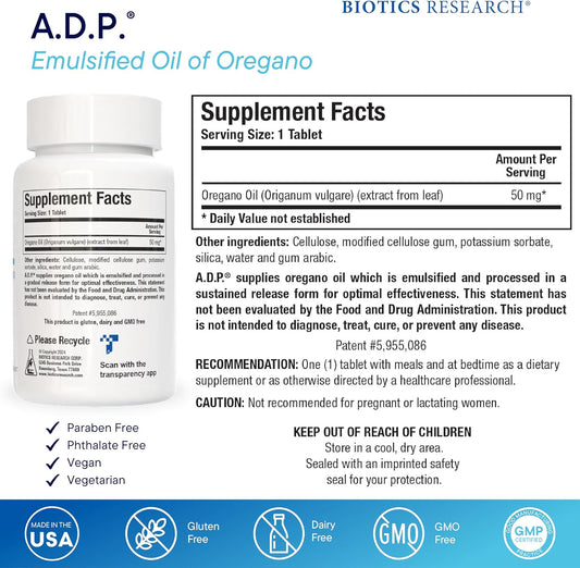 Biotics Research ADP Oil of Oregano – Highly Concentrated, Optimal Absorption, 120 Tablets