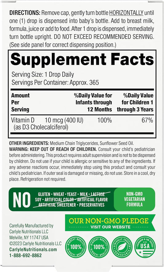 Carlyle Baby Vitamin D3 Liquid Drops | 400 Iu | .31Oz (9.2 Ml) 1 Year Supply (365 Servings) | Vegetarian, Non-Gmo, And Gluten Free By Lil' Sprouts