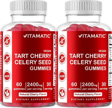 Vitamatic 2 Pack Tart Cherry with Celery Seed Gummies - 2400 mg Serving - Powerful Uric Acid Cleanse for Joint Comfort, Healthy Sleep Cycles & Muscle Recovery