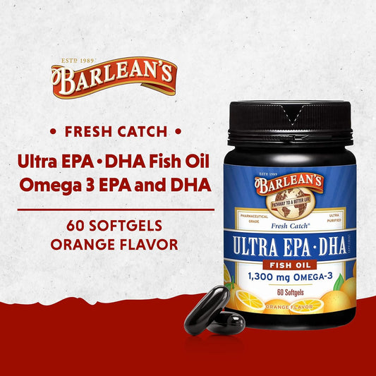 Barlean's Fish Oil Omega 3 Supplement, Ultra EPA DHA Fatty Acid Softgels for Joint, Brain, & Heart Health Supplements, 1000mg Orange Flavored Fish Oil Pills, 60 Count