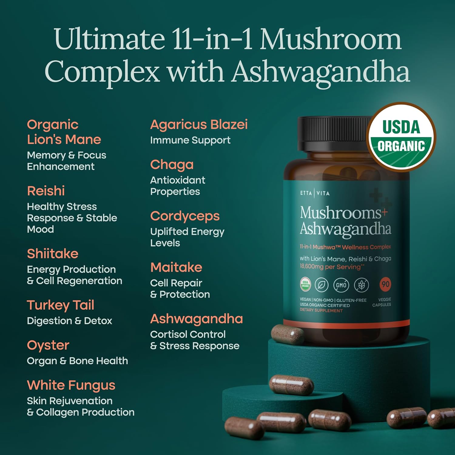 Usda Organic Lions Mane Supplement Capsules With Ashwagandha, Chaga, Reishi, Cordyceps, Turkey Tail (18,600Mg/Serv) 10X Adaptogenic Mushroom Complex As Focus Supplement - Energy, Immunity & Nootropic : Health & Household