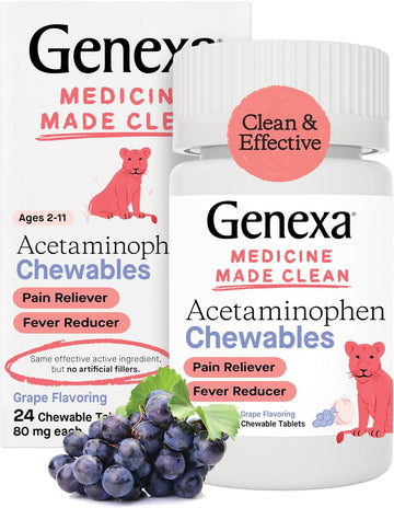 Genexa Kids’ Pain And Fever Reducer | Childrens Acetaminophen, Dye Free, Chewable Tablets For Kids 2-11 | Delicious Organic Grape Flavor | 80 Mg | 24 Count