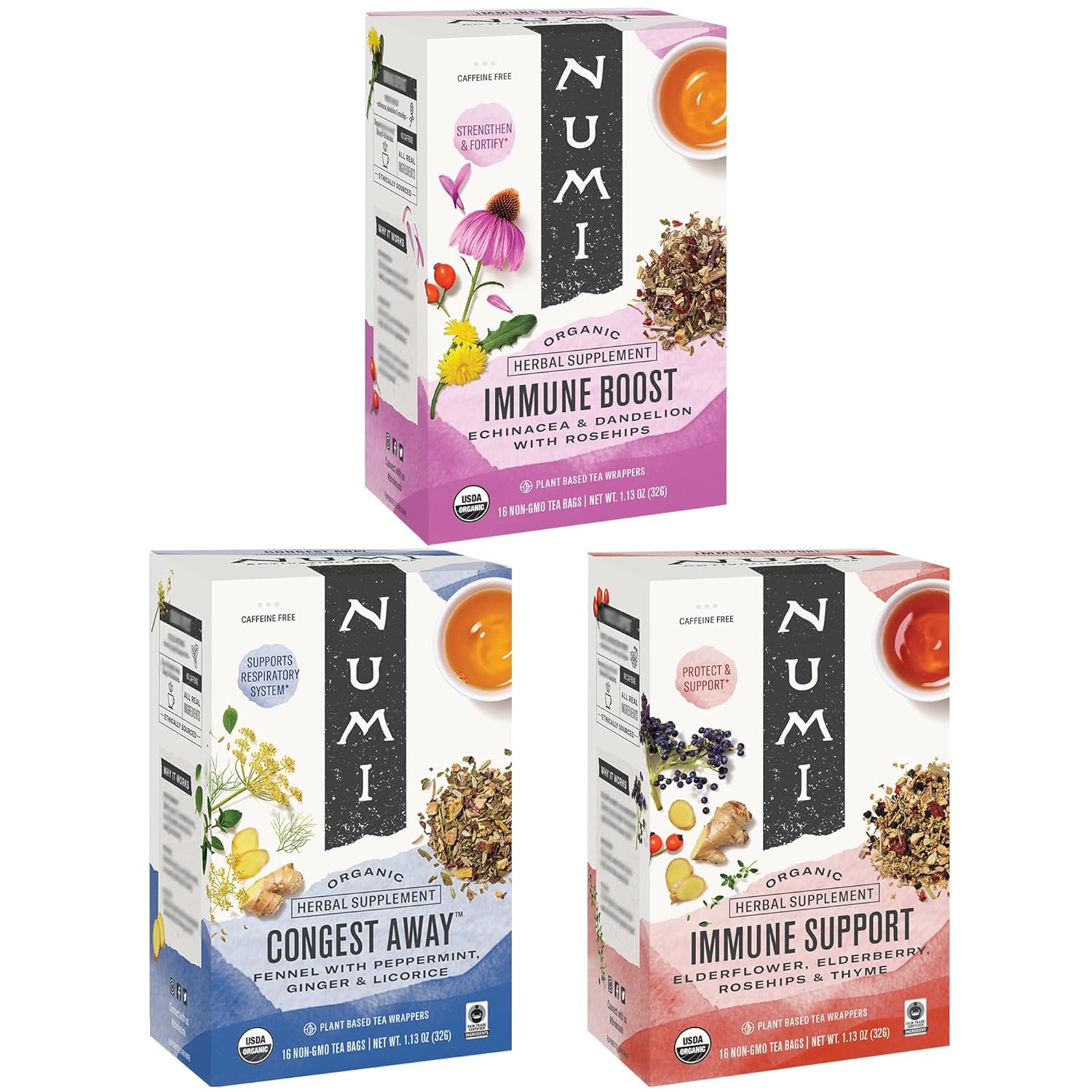 Numi Organic Tea Immunity Variety Pack, 16 Tea Bags (Pack Of 3), Elderberry And Echinacea Tea