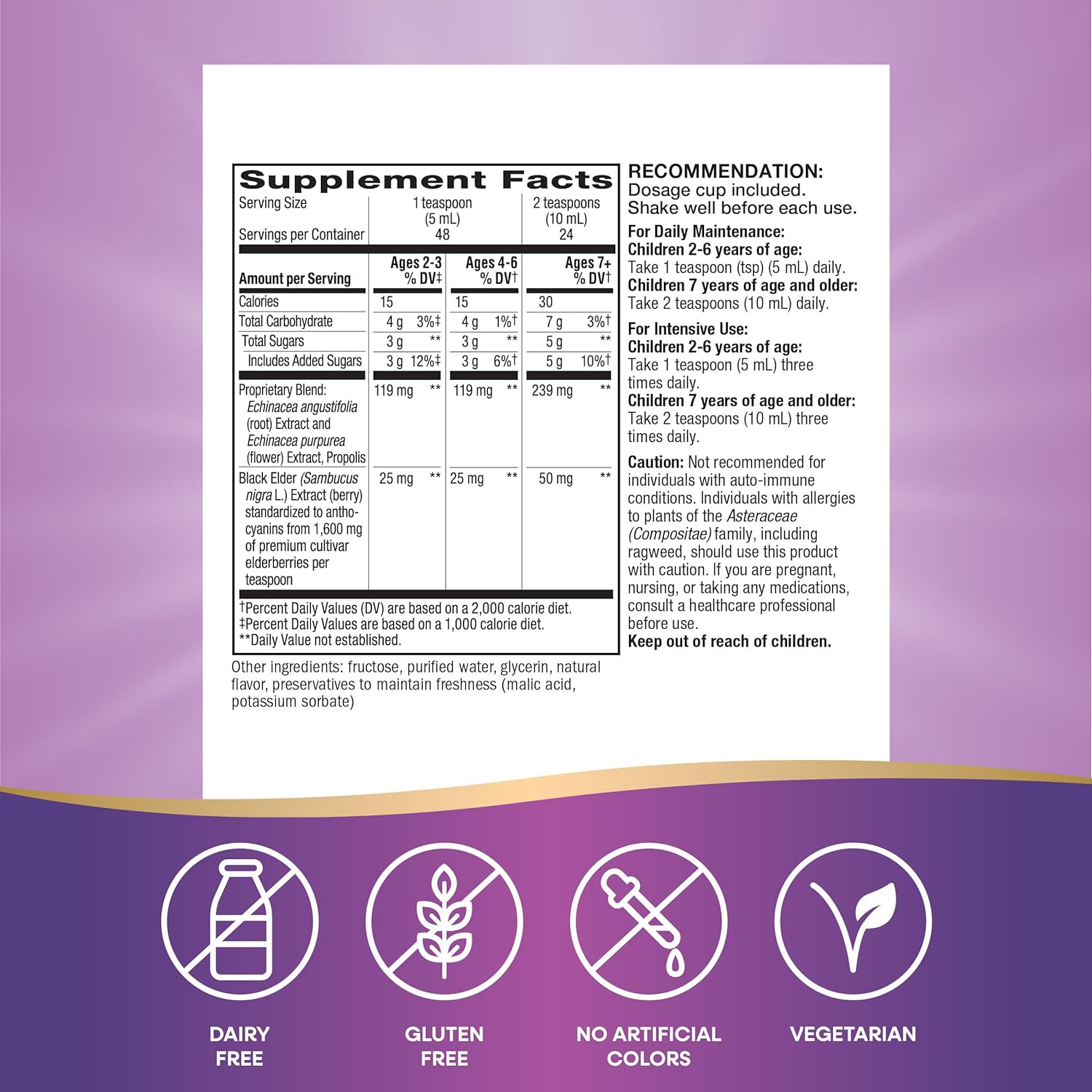 Nature's Way Sambucus Elderberry Immune Syrup for Kids Ages 2+, with Echinacea & Propolis, Daily Immune Support*, Vegetarian, Berry Flavored, 8 Fl Oz (Packaging May Vary) : Health & Household