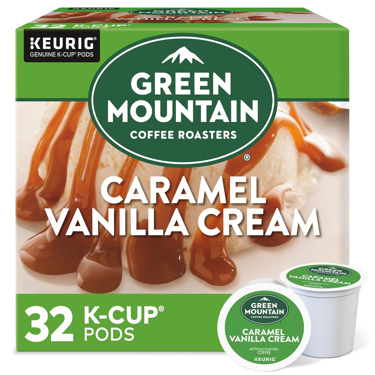 Green Mountain Coffee Roasters Caramel Vanilla Cream, Single-Serve Keurig K-Cup Pods, Flavored Light Roast Coffee Pods, 32 Count