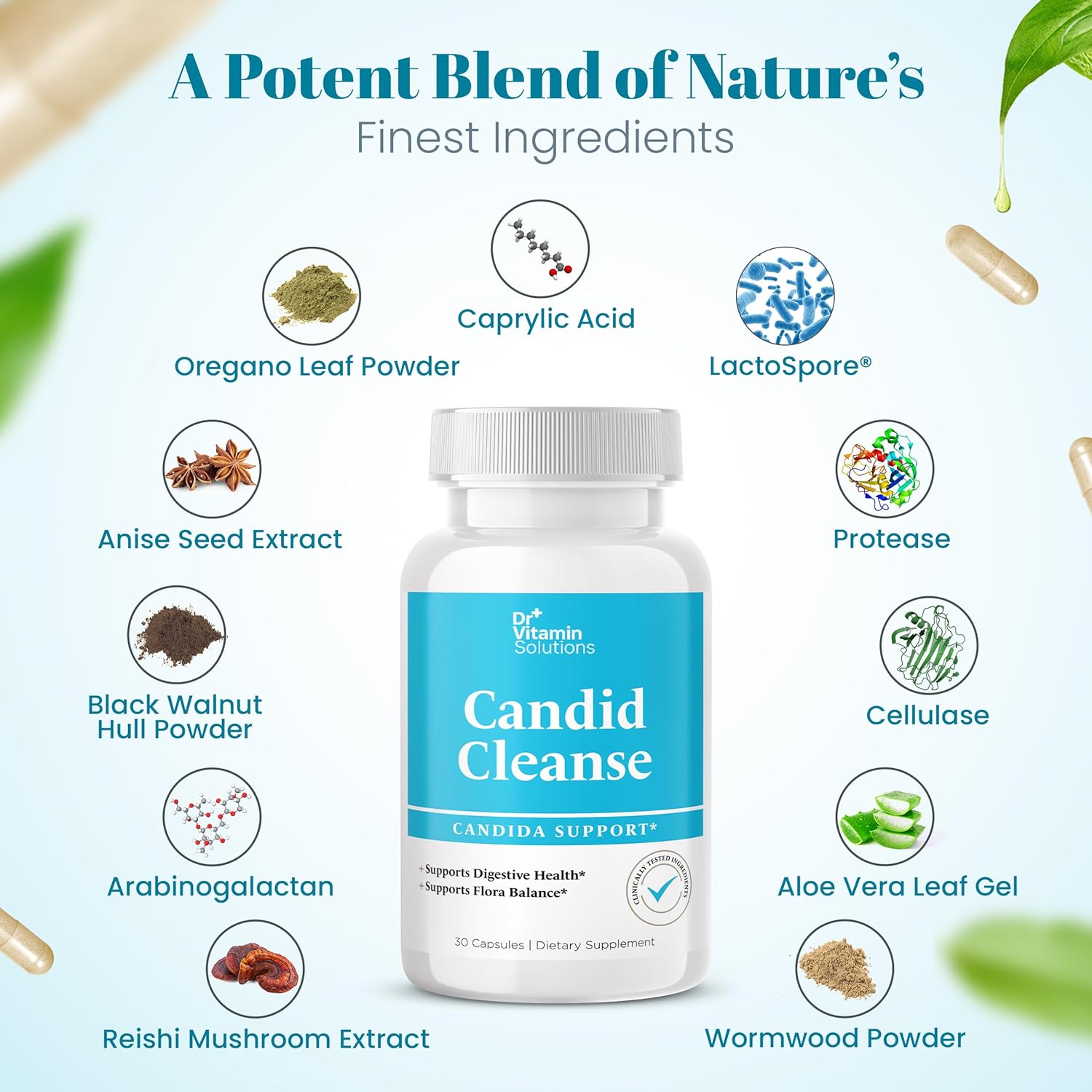 Dr Vitamin Solutions Candid Cleanse Supplement With Glp-1 Support - Oregano Leaf, Caprylic Acid & Lactospore | Candida Support Pills For Digestive Health | Candida Cleanse Detox For Women & Men | 30 : Health & Household