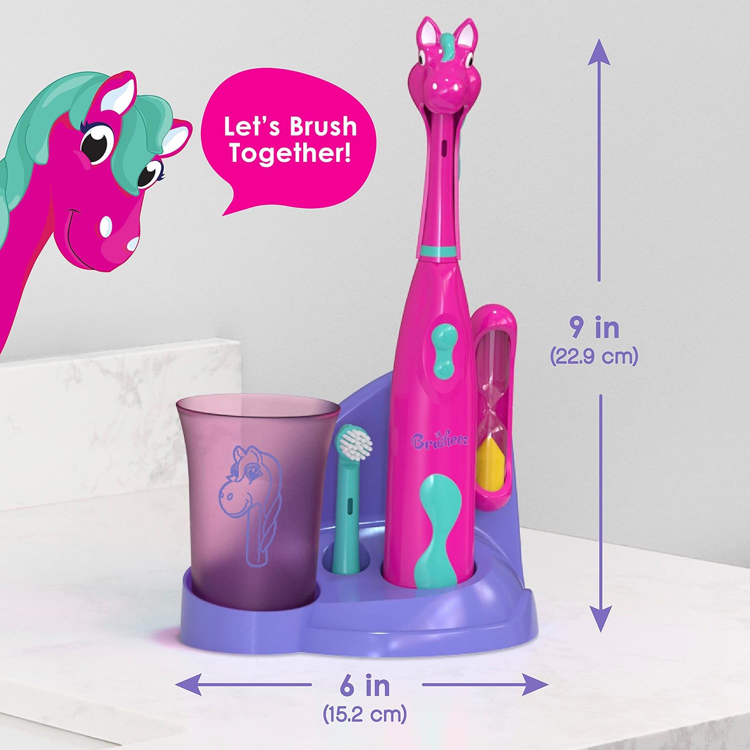 Brusheez® Kids’ Electric Toothbrush Set - Safe & Effective for Ages 3+ - Parent Tested & Approved with Gentle Bristles, 2 Brush Heads, Rinse Cup, 2-Minute Timer, & Storage Base (Prancy The Pony) : Health & Household