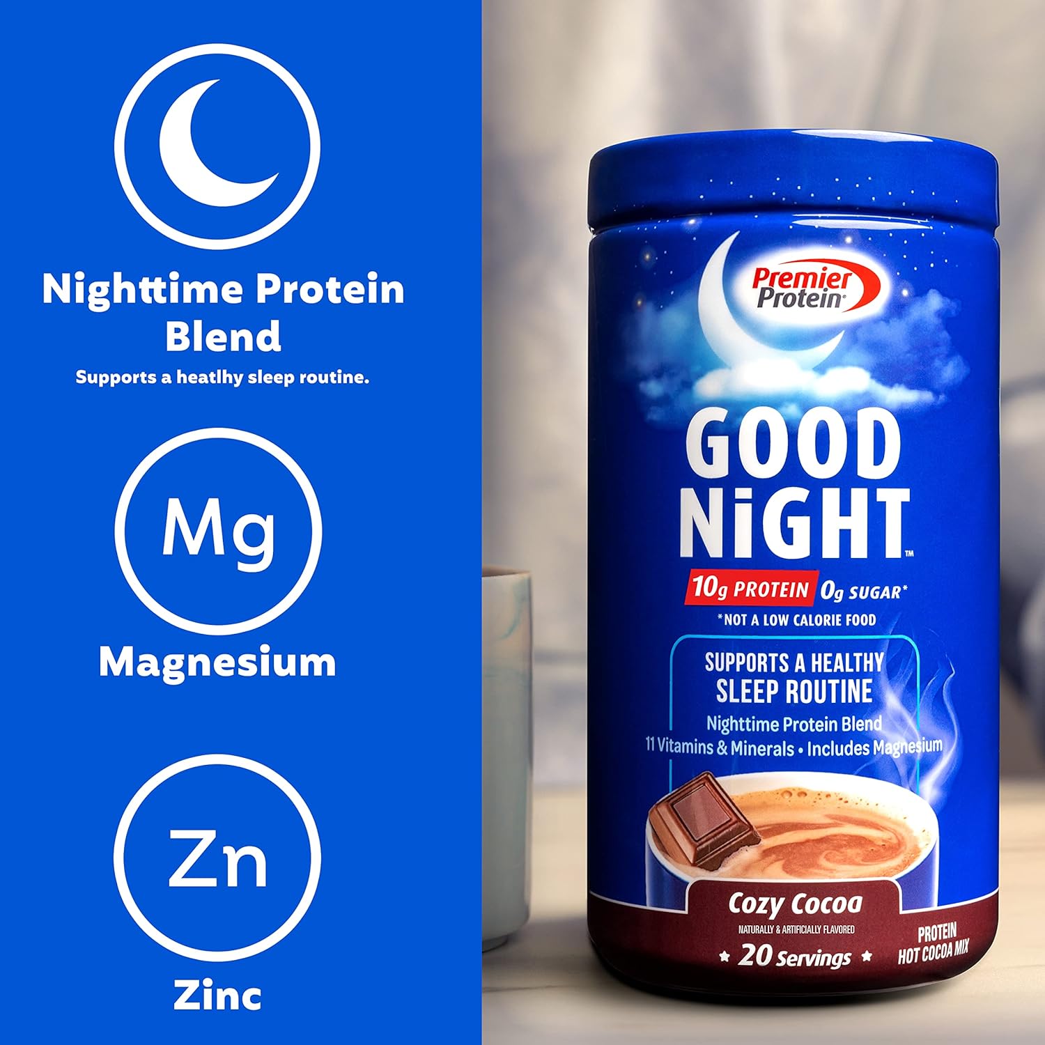 Premier Protein Good Night Protein Powder, Hot Cocoa Mix, 10g Protein, 0g Sugar, 11 Vitamins & Minerals, Nighttime Protein Blend, Magnesium, Zinc, 20 Serve, 1 Tub : Health & Household