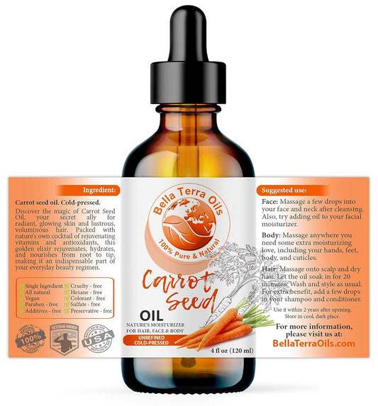 NEW Carrot Seed Oil. 4oz. Cold-pressed. Unrefined. Organic. 100% Pure. Daucus Carota. Hexane-free. Rejuvenates Skin and Softens Hair. Natural Moisturizer. For Hair, Face, Body, Nails, Stretch Marks