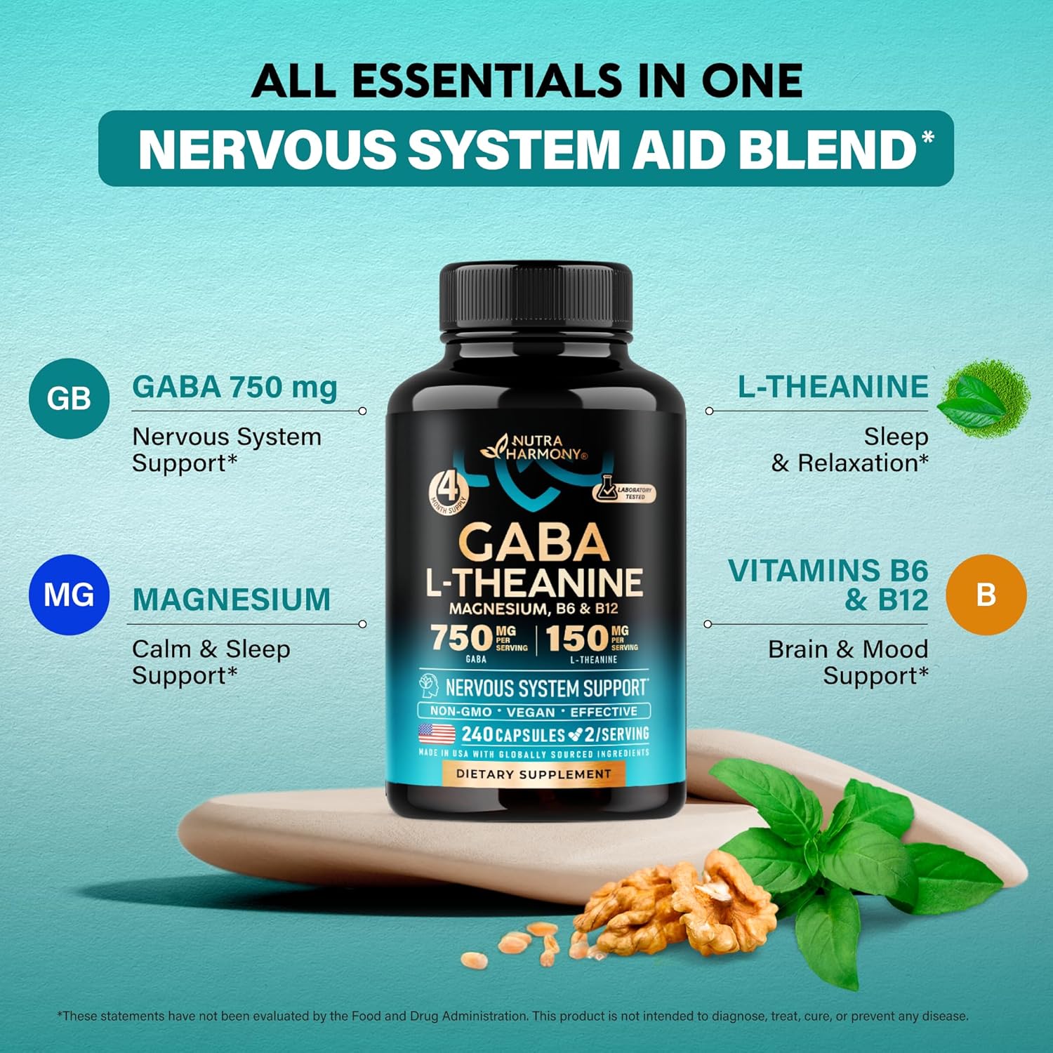 Gaba L-Theanine 900 Mg - Made In Usa - Magnesium | Vitamin B6 - Calm, Sleep, Relaxation & Mood Support - 750 Mg Gamma Aminobutyric Acid, 150 Mg L-Theanine - Non-Habit Forming, Vegan - 120 Capsules : Health & Household
