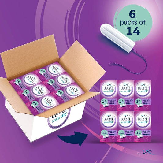 Lil-Lets Non-Applicator Super Plus Extra Tampons X 84, (6 Packs of 14 Tampons), For Very Heavy Flow, 5 Droplets, Plant-Based, SmartFit™ Non-App Tampon