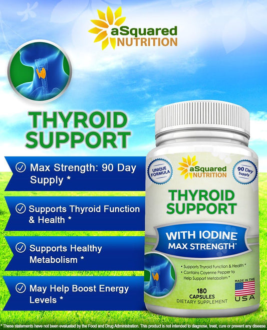 Asquared Nutrition Premium Thyroid Support Supplement With Iodine (180 Capsules) - Best Herbal & Vitamin Complex Pills W/ B12, Ashwagandha, Bladderwrack & Kelp - Helper For Healthy Hormone & Energy