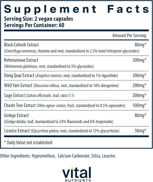 Vital Nutrients Menopause Support | Vegan Supplement for Women | Herbal Complex with Black Cohosh and Vitex Tree Berry for Hormone Balance Support* | Gluten, Dairy and Soy Free | 120 Capsules
