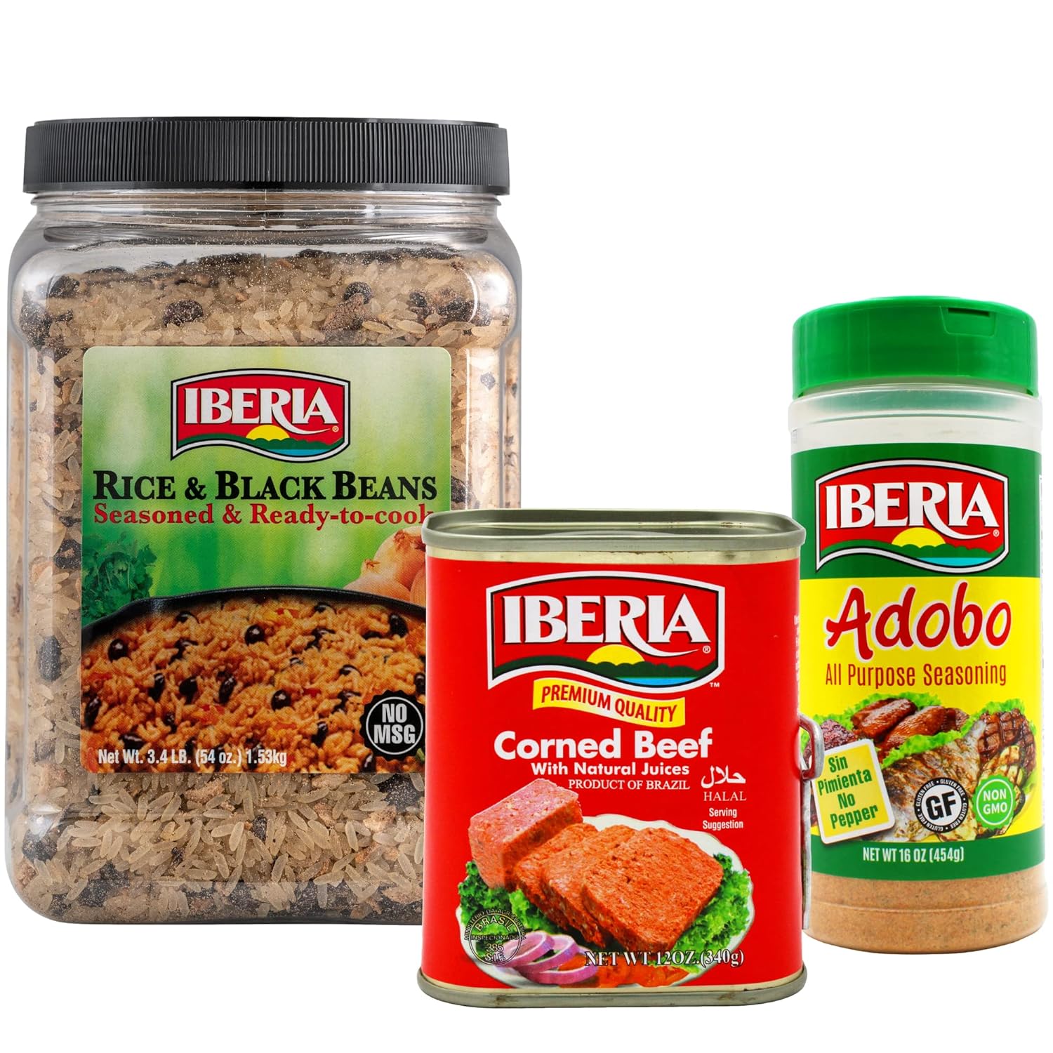 Iberia Rice And Black Beans Jar 3.4 Lb. + Iberia Corne Beef 12 Oz + Iberia Adobo Without Pepper, 16 Oz