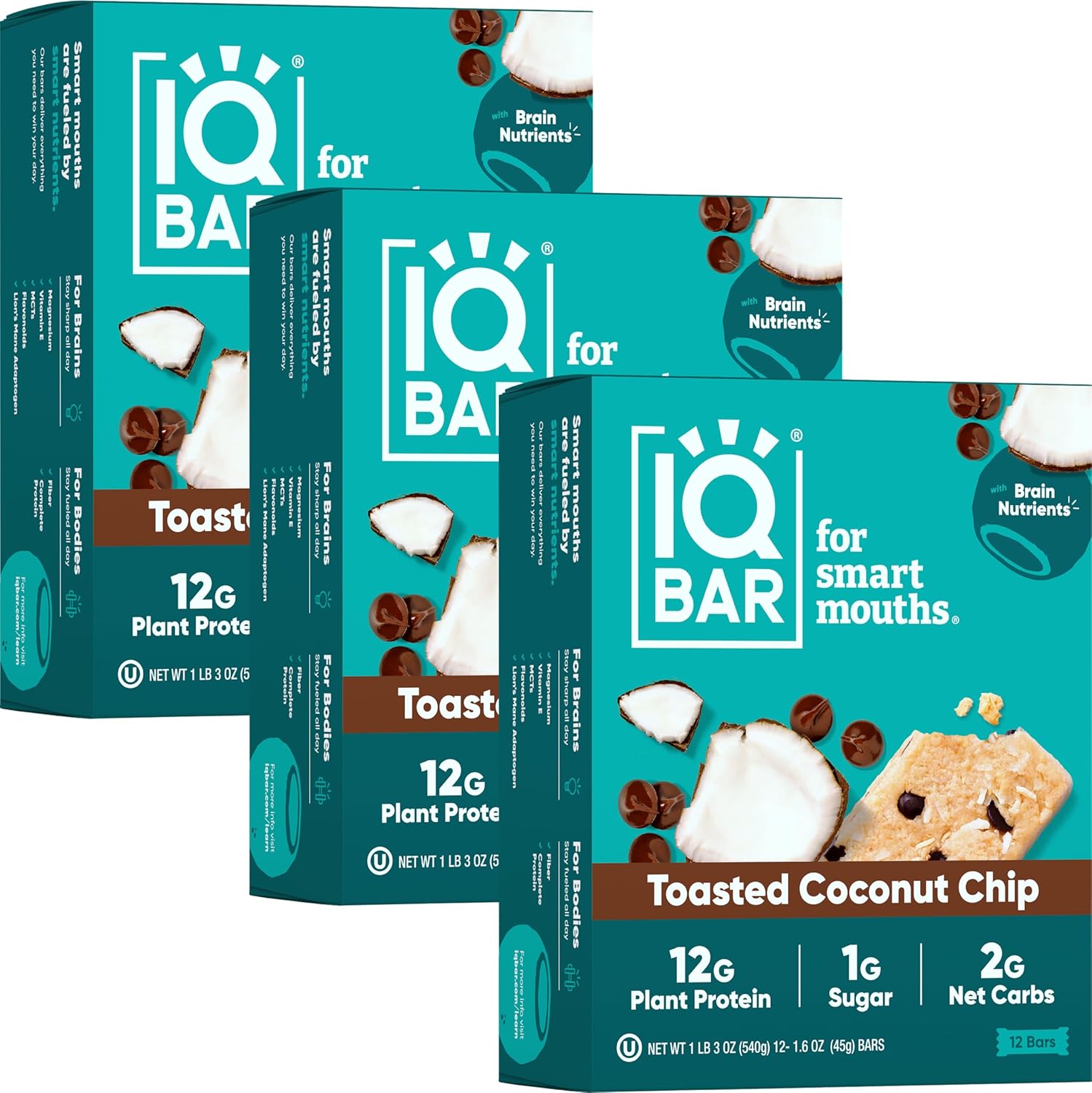 Iqbar Brain And Body Plant Protein Bars - Toasted Coconut Chip - 36 Count, Low Carb, High Fiber, Gluten Free, Vegan Snacks - Low Sugar Keto Energy Bar