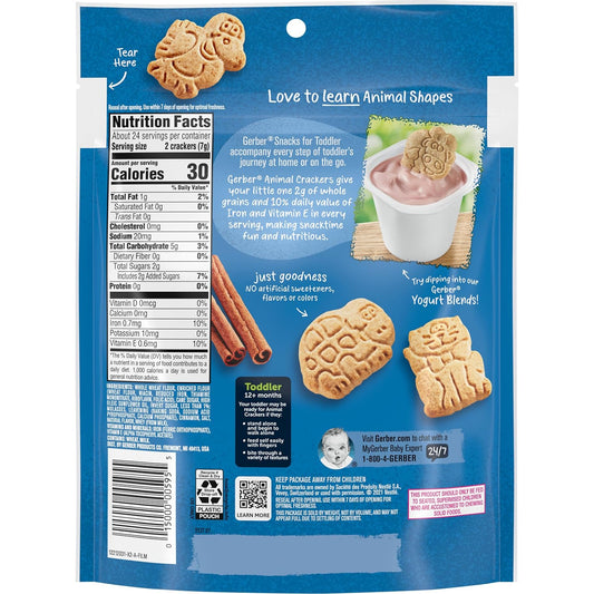 Gerber Snacks for Toddler Animal Crackers, Cinnamon Graham, 6 Ounce Pouch (Pack of 4)