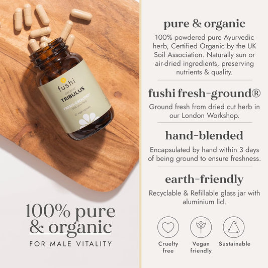 Fushi Organic Tribulus Terrestris (Gokshura), 60 Caps | Fresh-Ground Whole Food | Ayurvedic Herb For Male Health & Sports Performance | Ethical & Vegan | Manufactured In The Uk