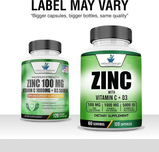 American Standard Supplements Zinc 100Mg, Vitamin C 1000Mg, And Vitamin D3 5000 Iu (125Mcg) Per Serving - Gluten Free, Non-Gmo, 60 Capsules, 30 Servings