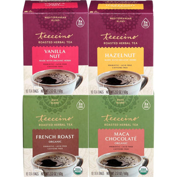 Teeccino Herbal Tea Variety Pack - Vanilla Nut, Hazelnut, Maca Chocolaté, French Roast - Roasted Herbal Tea That’S Caffeine Free & Prebiotic For Natural Energy, 10 Tea Bags (Pack Of 4)