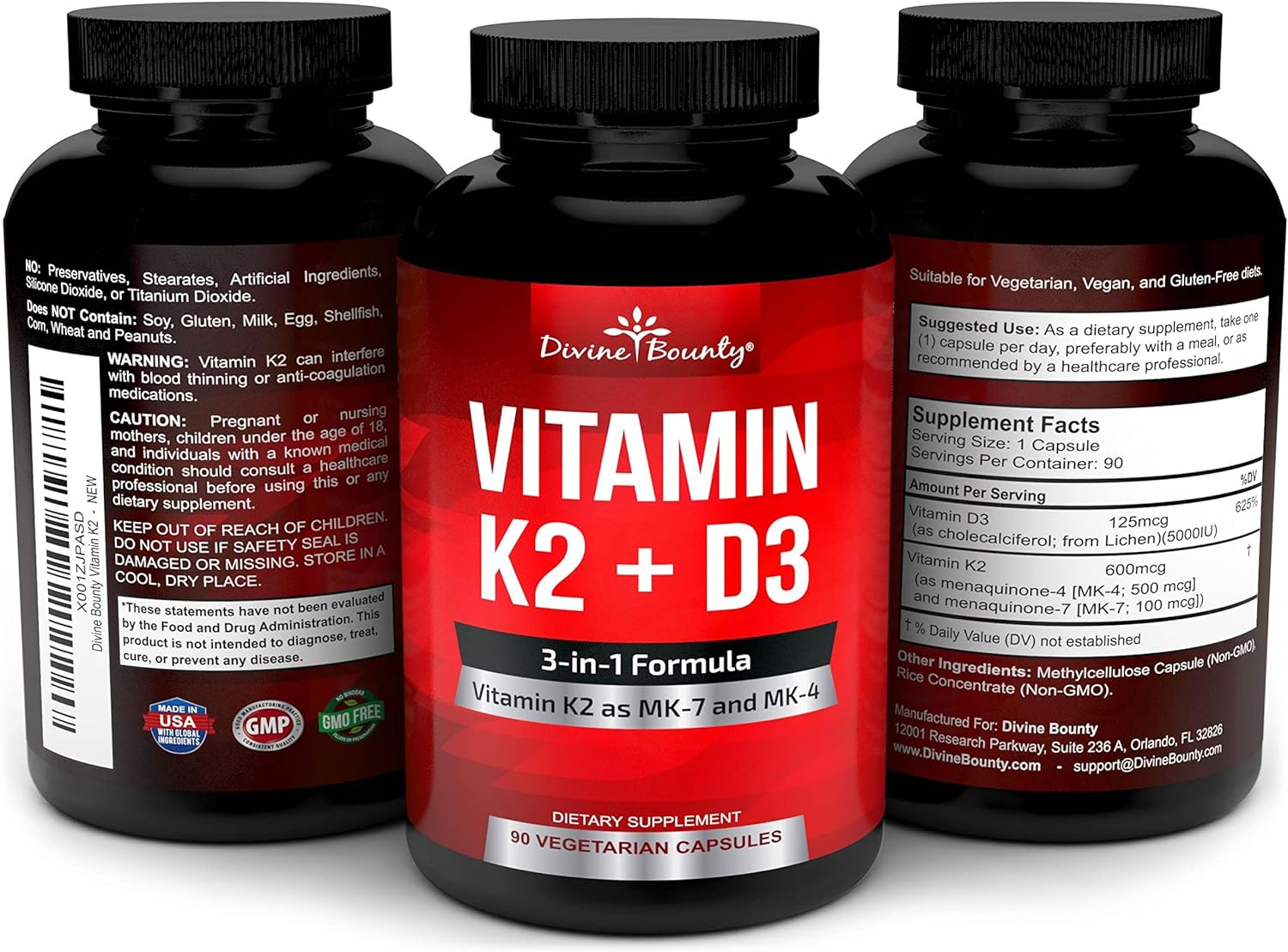 Vitamin K2 (MK7 & MK4) with D3 Supplement - Vitamin K & D as MK-7 100mcg, MK-4 500mcg, and 5000 IU Vitamin D3 3-in-1 Formula - Bone and Heart Support - 90 Non-GMO Vegetarian Capsules : Health & Household