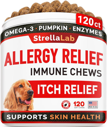 STRELLALAB Dog Allergy Relief + Itchy Skin Treatment with Omega 3 & Pumpkin, Dogs Itching & Licking Treats, Itch Chew, Supplements, Hotspot for Dogs, Anti Itch Support, Dog Skin & Coat Supplement